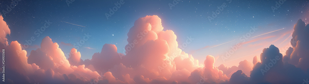 Poster soft pink clouds illuminated by twilight, scattered stars twinkle above, creating serene and dreamy 
