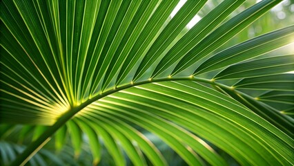 Obraz premium Close-up of vibrant green palm frond, sunlight illuminating its intricate details. Lush, tropical, natural beauty.