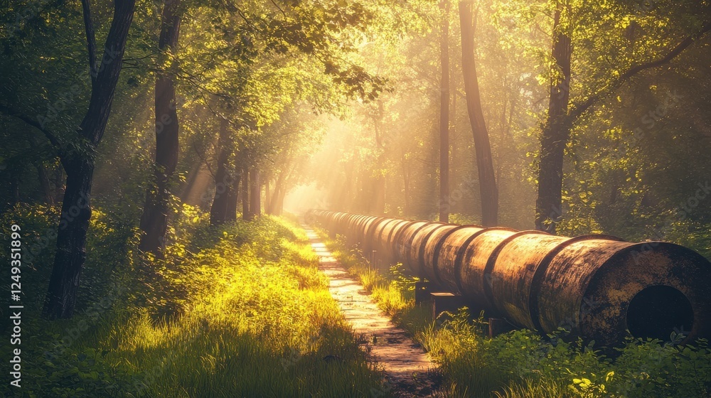 Poster serene forest pathway illuminated by sunlight with a rusty pipeline running alongside