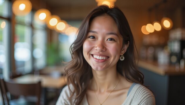 Smiling young woman in cozy cafe with warm lighting, perfect for lifestyle promotions
