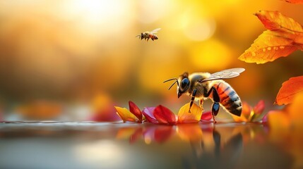 Close-up of a bee collecting nectar from vibrant autumn flowers near a serene water surface