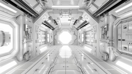 Fototapeta premium White futuristic corridor tunnel with a sleek, modern design, creating a sci-fi atmosphere perfect for technology, architecture, and futuristic concept backgrounds