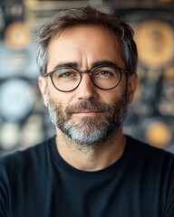 Fototapeta premium Man With Gray Beard and Glasses Poses Confidently in a Modern Cafe With Stylish Decor in the Background