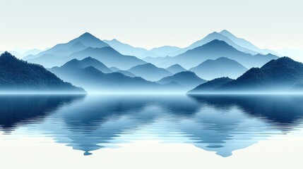 Misty Blue Mountain Range Reflecting on Calm Lake