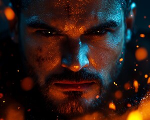 Intense Portrait of a Man With Fiery Elements, Captured in a Dramatic Setting During the Evening in a Creative Light Environment