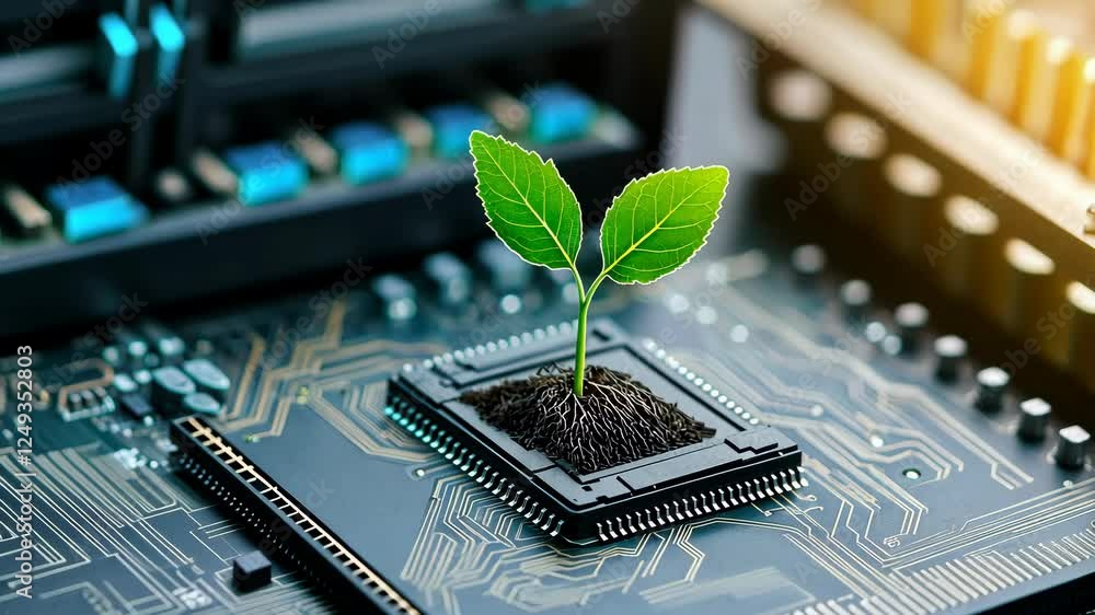 Poster a sapling sprouting from a computer motherboard, symbolizing tech-driven environmental regeneration.