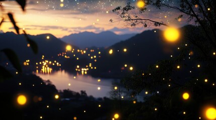 Serene twilight landscape with glowing fireflies illuminating a tranquil lake and distant hills