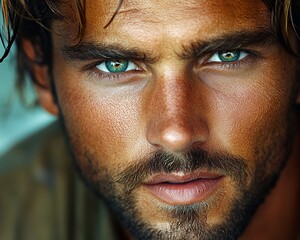 Fototapeta premium Captivating Close-Up of a Man With Striking Green Eyes and a Rugged Appearance Set Against a Blurred Background