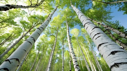 Looking up at tall, slender birch trees with bright green leaves against a vibrant blue sky.  A serene, natural scene.