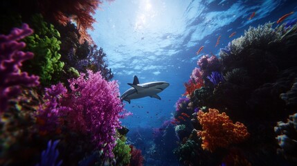 A majestic shark gliding through vibrant coral reefs under a shimmering ocean surface