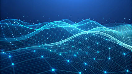 Obraz premium Abstract Digital Wave with Glowing Blue Dots and Wireframe Network on Dark Background