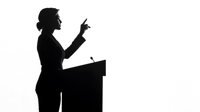 A woman in a power suit standing at a podium, raising her hand in an authoritative gesture, silhouette isolated on a white background