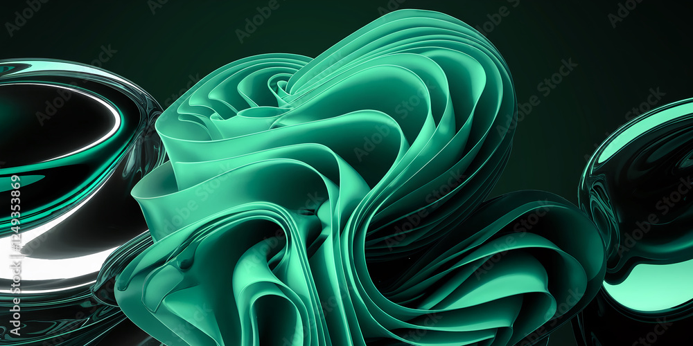 Poster A captivating abstract composition of flowing green and black fluid shapes, intertwined in a dynamic and glossy design, representing motion and modernity in an artistic digital creation.