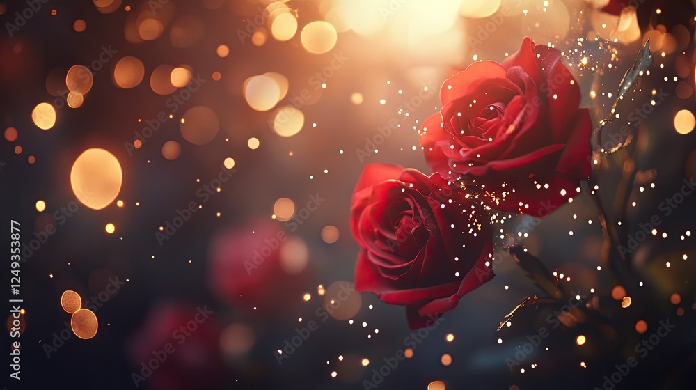 Poster beautiful red roses with sparkling background and bokeh effect