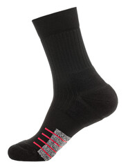A single black athletic sock designed for comfort and durability with reinforced heel and toe,...