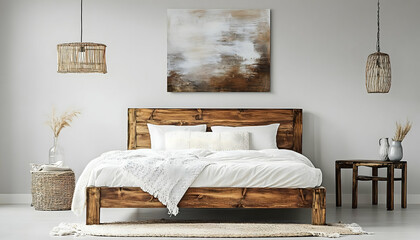 Modern bedroom interior with wooden bed and art