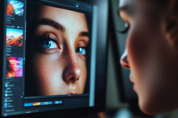 Generative AI depiction of a retoucher enhancing a digital portrait on a high-resolution monitor