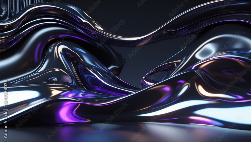 Poster abstract flowing metallic structure with iridescent reflections and curves