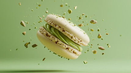 Pistachio Macaron with Cream Filling and Crumbled Pistachios