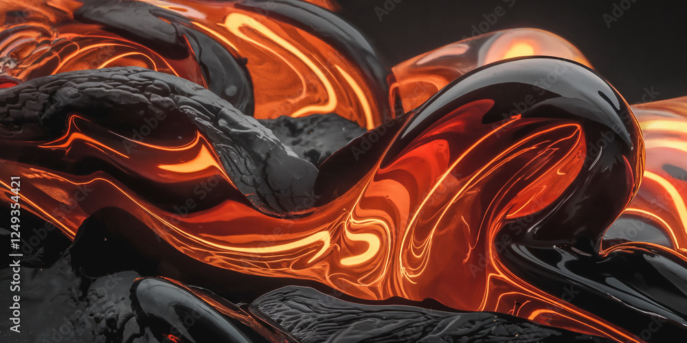 Poster a photo of an abstract artwork with fiery orange and glossy black fluid shapes, showcasing dynamic m