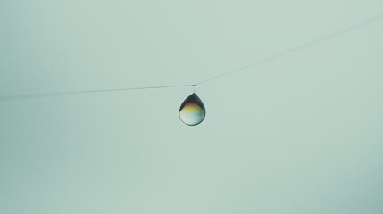A close-up of a water droplet hanging from a thin wire against a soft background.
