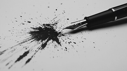 Black ink splatter from fountain pen on white paper.