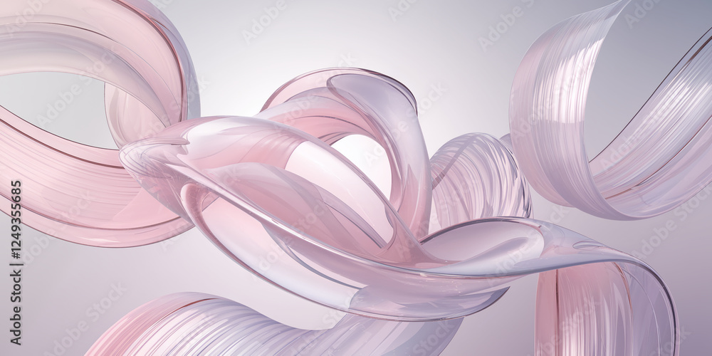 Poster an elegant abstract design composed of soft translucent pink and clear flowing shapes, showcasing sm