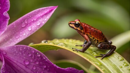Obraz premium Red frog on leaf near purple flower