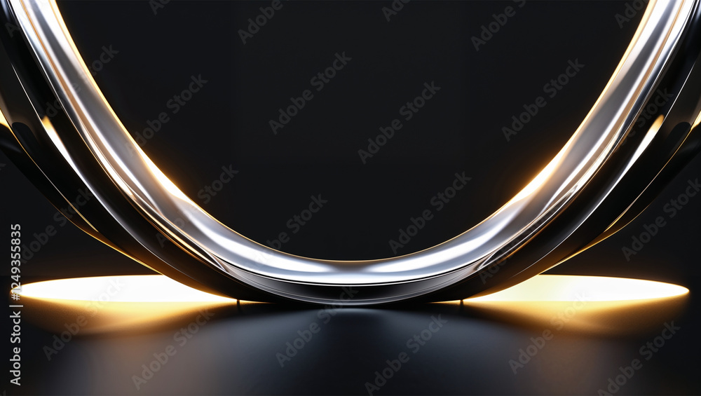 Poster elegant abstract chrome curve with golden lighting on dark background