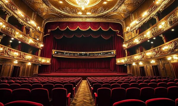 a grand opera house with red velvet seats, a stage, and ornate gold decorations. 