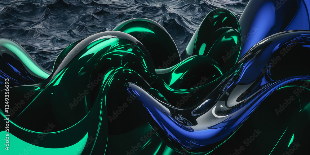 Leinwandbilder Futuristic high-tech aesthetic with abstract blend of glossy green and blue fluid shapes flowing against textured dark background, showcasing dynamic and sleek design concepts. Digital 3D fluid shape