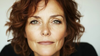 Naklejka premium A middle-aged woman with curly hair and a warm smile against a neutral background.