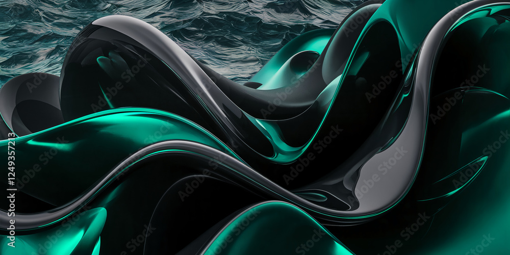Poster futuristic high-tech aesthetic featuring glossy black, green fluid shapes flowing, symbolizing innov