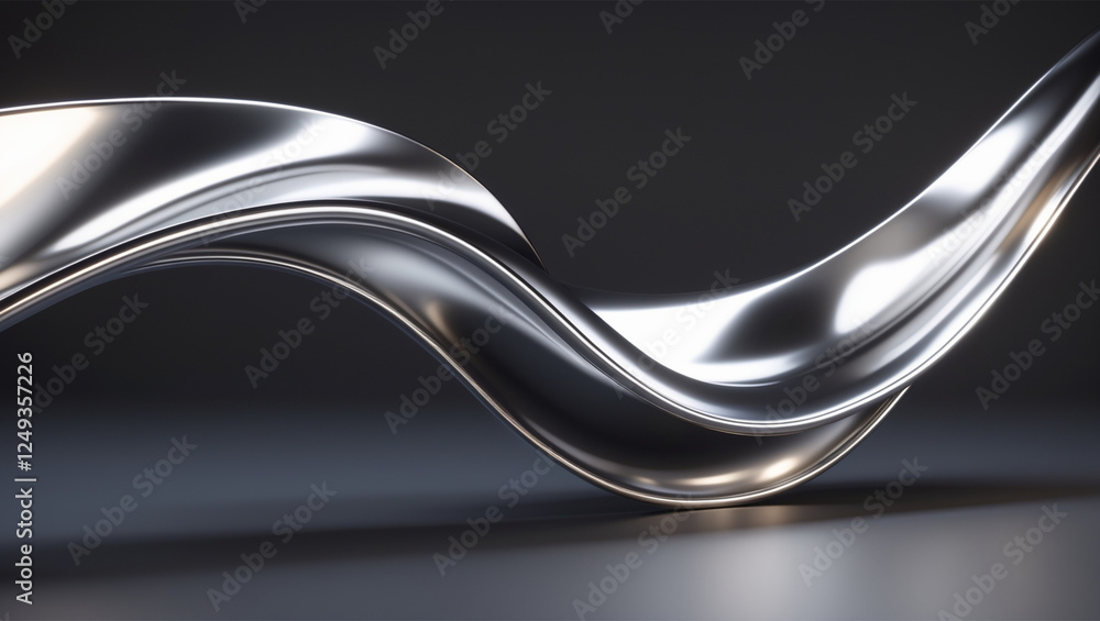 Poster elegant chrome wave on dark surface, 3d rendering abstract art