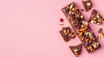 Chocolate with nuts and dried fruits on a pink background, a flat lay top view with copy space for a text banner design