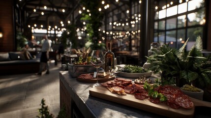 Elegant dining setting with gourmet dishes and greenery in a lively restaurant atmosphere