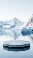 A light blue circular platform floating on the water, surrounded by icebergs and snow-capped mountains in pale tones. High-definition photography with a minimalist background,