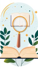 Information knowledge retrieval. An illustration of an open book with a magnifying glass, surrounded by leaves and stars, symbolizing exploration and knowledge.