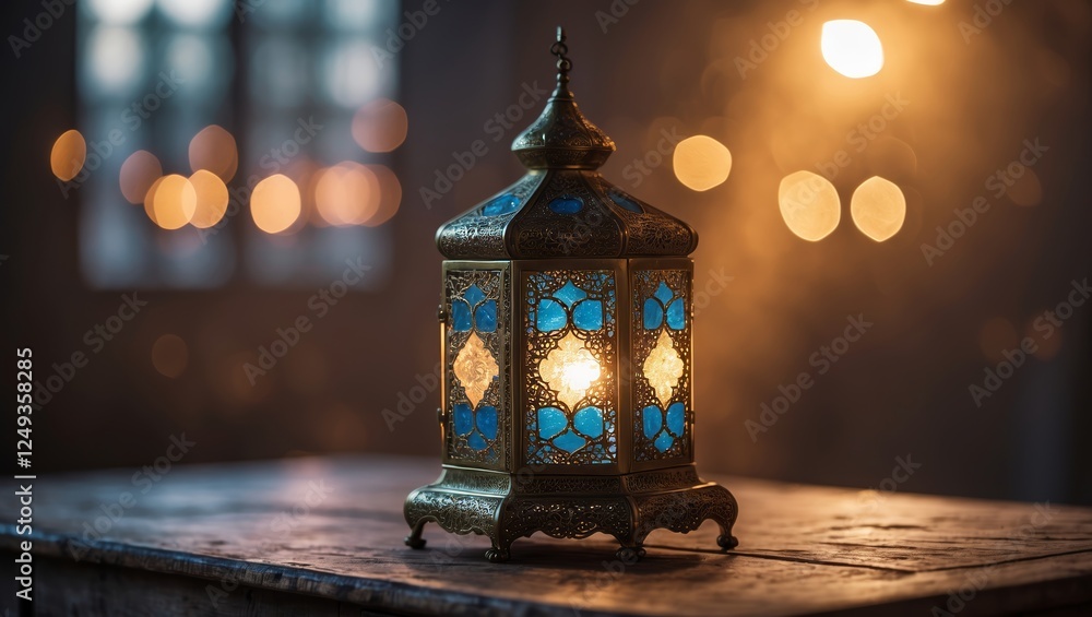 Poster decorative lantern illuminating a table in a cozy atmospheric setting with bokeh background