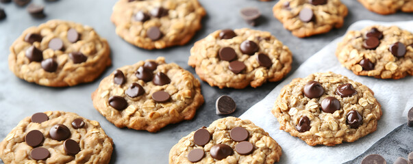 Creative food template. Classic Oatmeal Chocolate chip cookies scattered on baking sheet grey concrete background. magazine, banner, advertisement. copy text space.