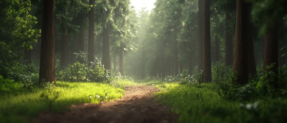 Serene forest pathway amidst tall verdant trees landscape