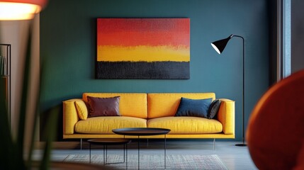 Modern interior with yellow sofa and abstract wall art