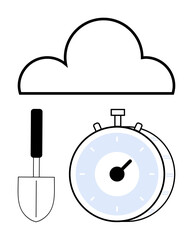 Cloud outline with stopwatch and gardening trowel beneath. Ideal for technology, time management, productivity, growth, cloud computing, digital tools, abstract line flat metaphor