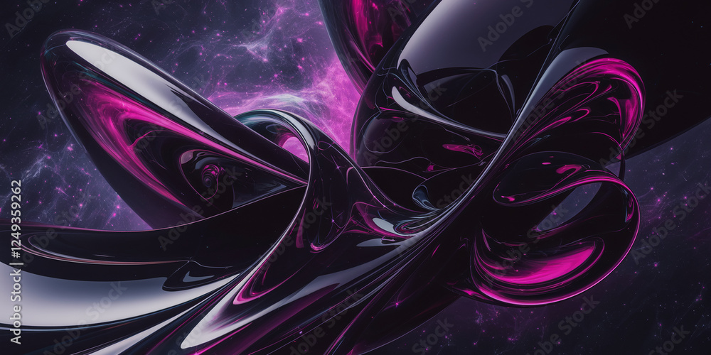 Poster an artwork of a dynamic interplay of midnight purple and glossy black abstract shapes in a cosmic, f