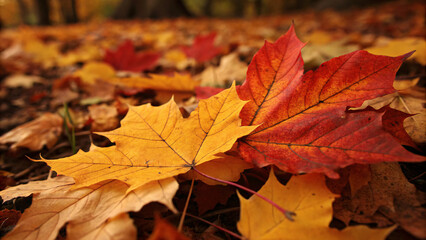 Fototapeta premium Autumn Maple Leaves in Vibrant Red and Yellow Tones on a Forest Floor