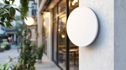 Close-up of a blank, white, circular wooden sign hanging on the wall, a mockup template for a cafe or restaurant in a city street
