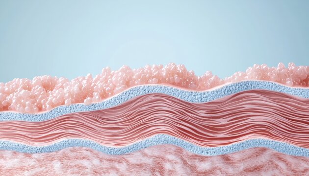 Scientific 3D visualization of skin anatomy, highlighting the epidermis, shedding dead cells, and the dermis containing elastin and collagen fibers