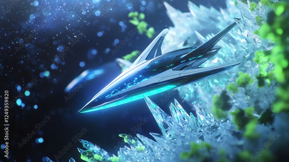 Poster futuristic spacecraft navigates through crystal formations in deep space with stardust