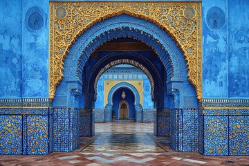 Obraz premium Ornate blue archways adorned with intricate designs in a historic Moroccan palace