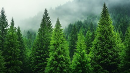 Obraz premium A serene pine forest enveloped in soft mist, with vibrant green trees extending into the distance, creating a tranquil and atmospheric view